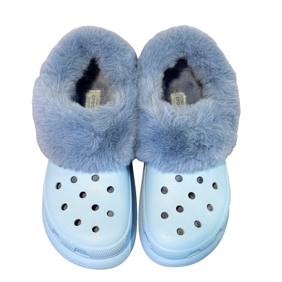 Crocs Furever Crush Clog Blue Calcite Fur Lined Platform Comfort Shoes W9/M7 - Picture 2 of 9